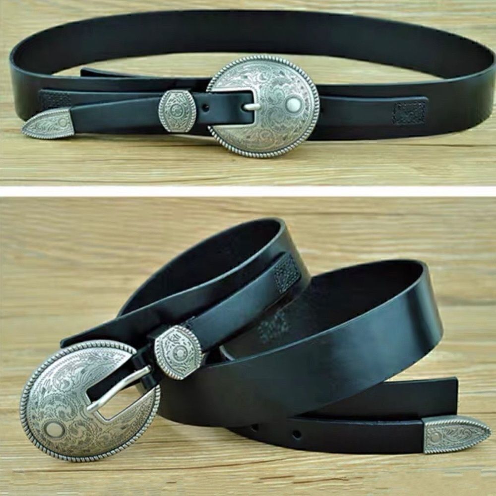 Vintage Style Genuine leather Belt with Floral Engraved Pattern Buckle